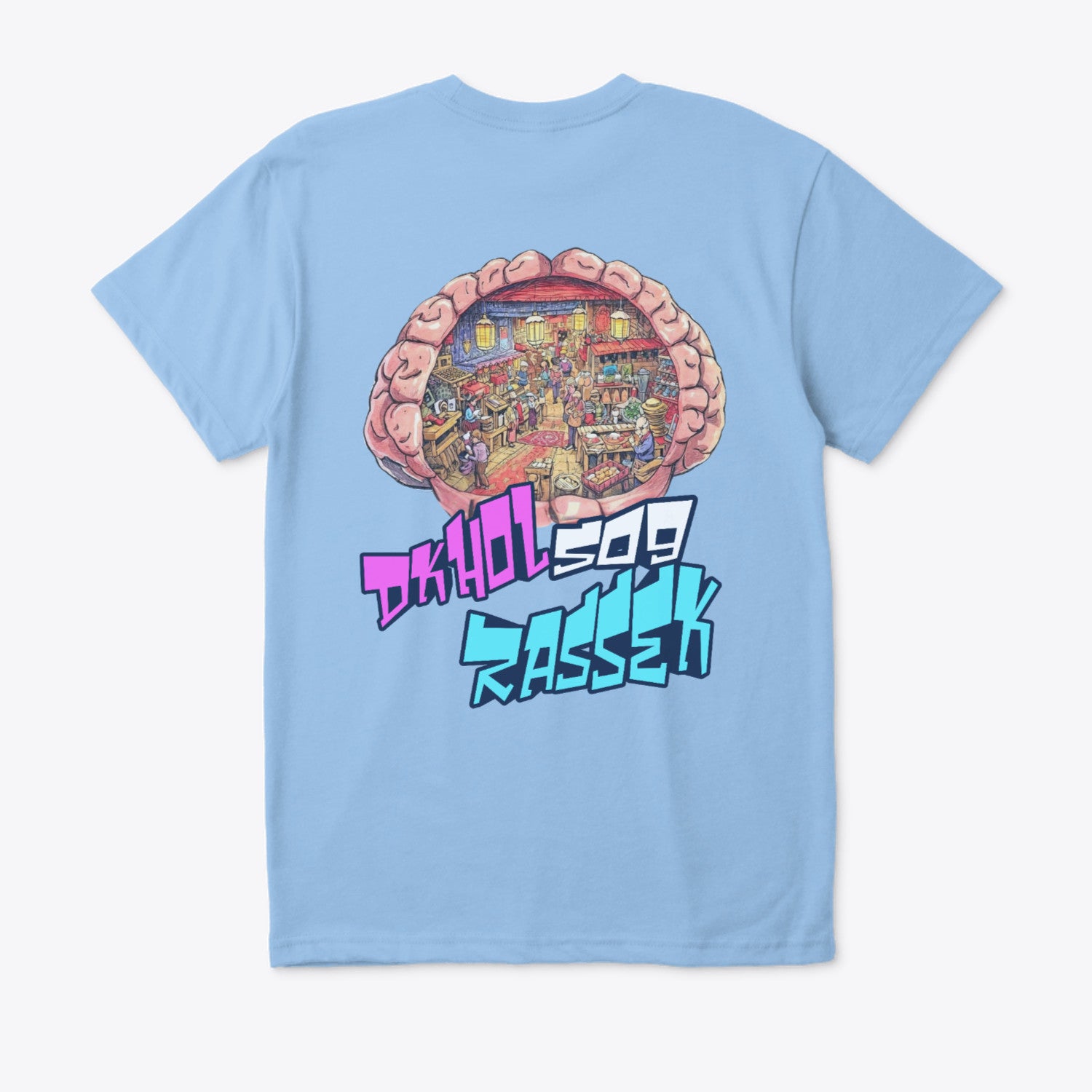 Light blue t-shirt with colorful graphic design and text on a white background
Light blue t-shirt, back brain cross-section graphic, creative room inside brain, graffiti text Dkhol So9 Rassek, ShowYourVibes collection, Moroccan streetwear, popular expression design, individuality and respect fashion.

Tagline Options
• 	“Dkhol so9 rassek.”
• 	“Respect l7ayat dyal nass.”
• 	“ShowYourVibes, show your respect.”
• 	“Brain full of vibes, message clear.”