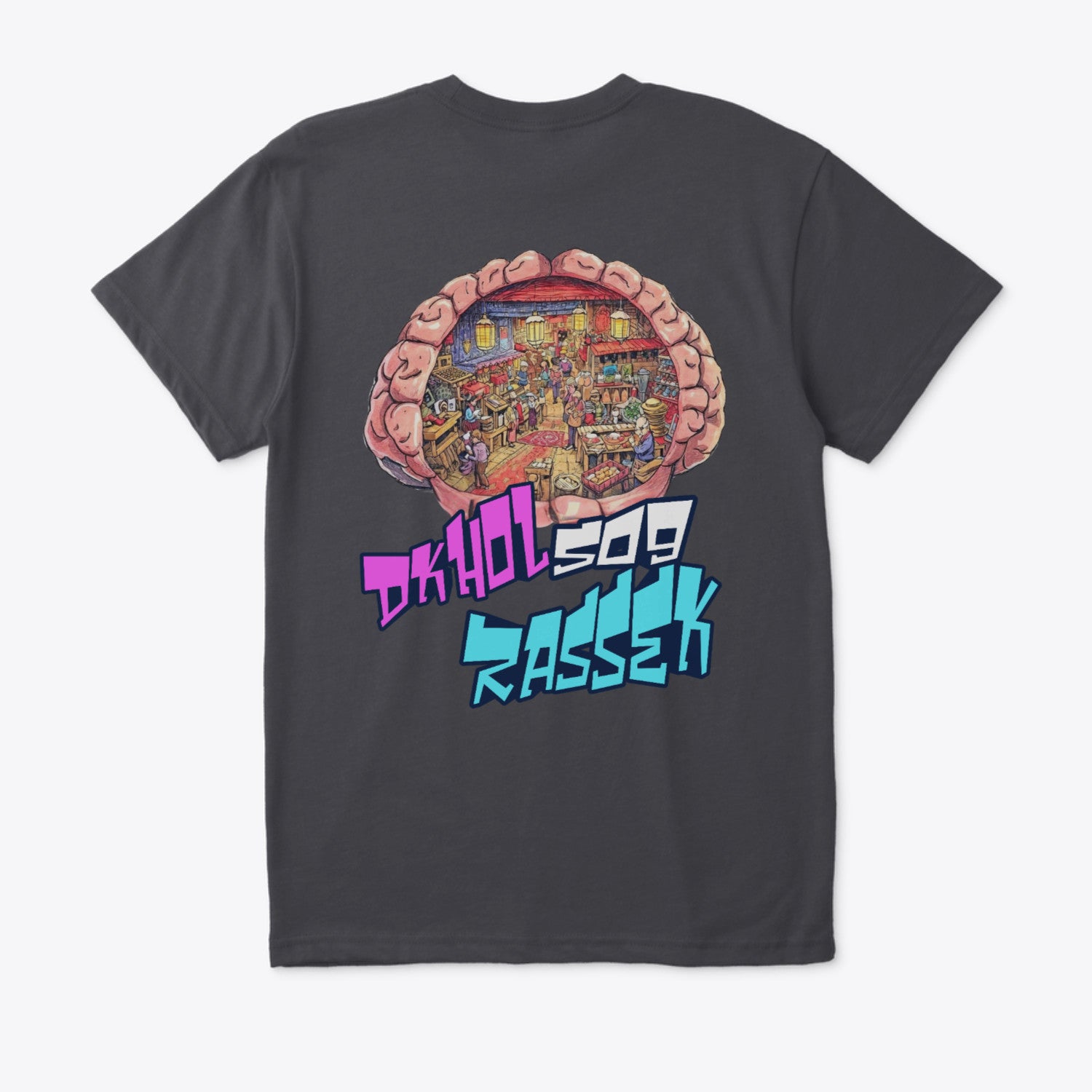 Black t-shirt with colorful graphic design and text on a white background
black t-shirt, back brain cross-section graphic, creative room inside brain, graffiti text Dkhol So9 Rassek, ShowYourVibes collection, Moroccan streetwear, popular expression design, individuality and respect fashion.

Tagline Options
• 	“Dkhol so9 rassek.”
• 	“Respect l7ayat dyal nass.”
• 	“ShowYourVibes, show your respect.”
• 	“Brain full of vibes, message clear.”