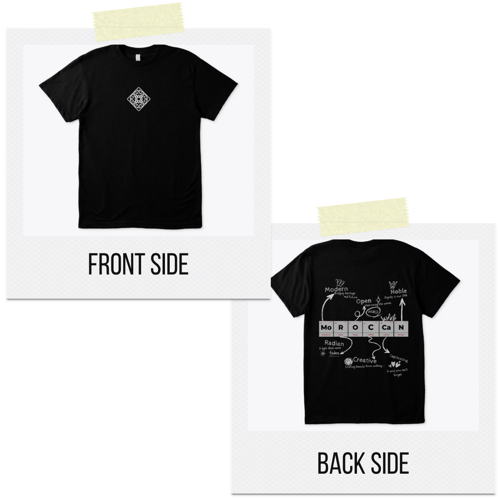 Black t-shirt with front and back designs on a white background
Black t-shirt front white geometric diamond motif, Moroccan-inspired design, ShowYourIdentity collection, heritage streetwear, minimalist fashion, cultural pride apparel.
“Pride in every line.”

“ShowYourIdentity, show your roots.”

“Moroccan heritage, modern style.”

“Tradition meets streetwear.”
