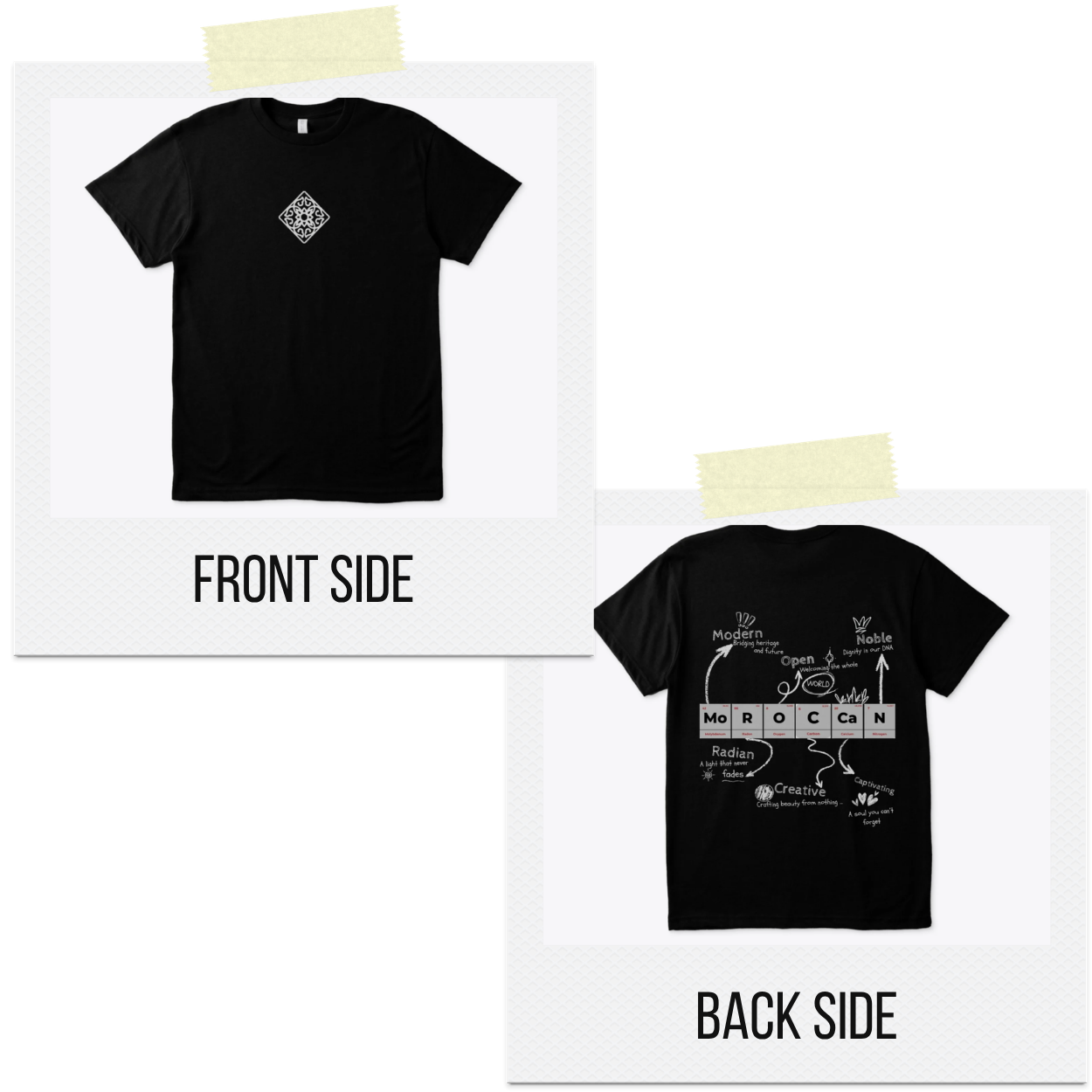 Black t-shirt with front and back designs on a white background
Black t-shirt front white geometric diamond motif, Moroccan-inspired design, ShowYourIdentity collection, heritage streetwear, minimalist fashion, cultural pride apparel.
“Pride in every line.”

“ShowYourIdentity, show your roots.”

“Moroccan heritage, modern style.”

“Tradition meets streetwear.”