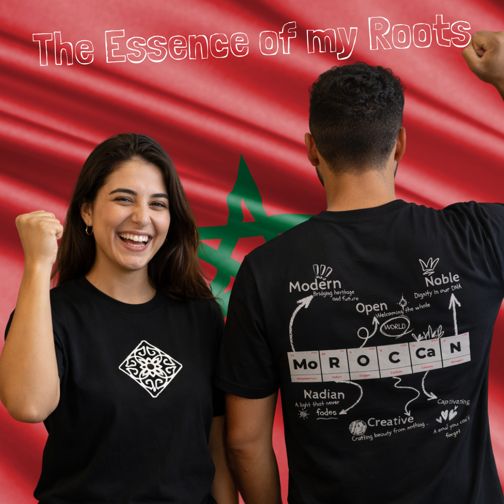 Two people wearing black t-shirts with text and graphics, one in front of a Moroccan flag.
Black t-shirt front white geometric diamond motif, Moroccan-inspired design, ShowYourIdentity collection, heritage streetwear, minimalist fashion, cultural pride apparel.
“Pride in every line.”
“ShowYourIdentity, show your roots.”
“Moroccan heritage, modern style.”
“Tradition meets streetwear.”
