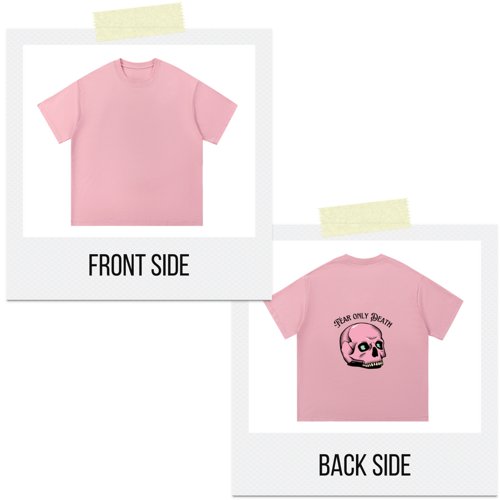 Pink t-shirt with skull design on front and text on back, shown from front and back sides.
Essential Cotton T-Shirt
- “Live fearless, fear only death.”
- “Bold vibes, no limits.”
- “Street spirit, eternal courage.”
- “Only death deserves fear.”