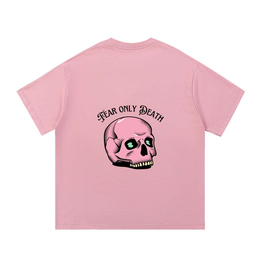 Pink t-shirt with a skull design and text on the back against a white .
Essential Cotton T-Shirt
- “Live fearless, fear only death.”
- “Bold vibes, no limits.”
- “Street spirit, eternal courage.”
- “Only death deserves fear.”background