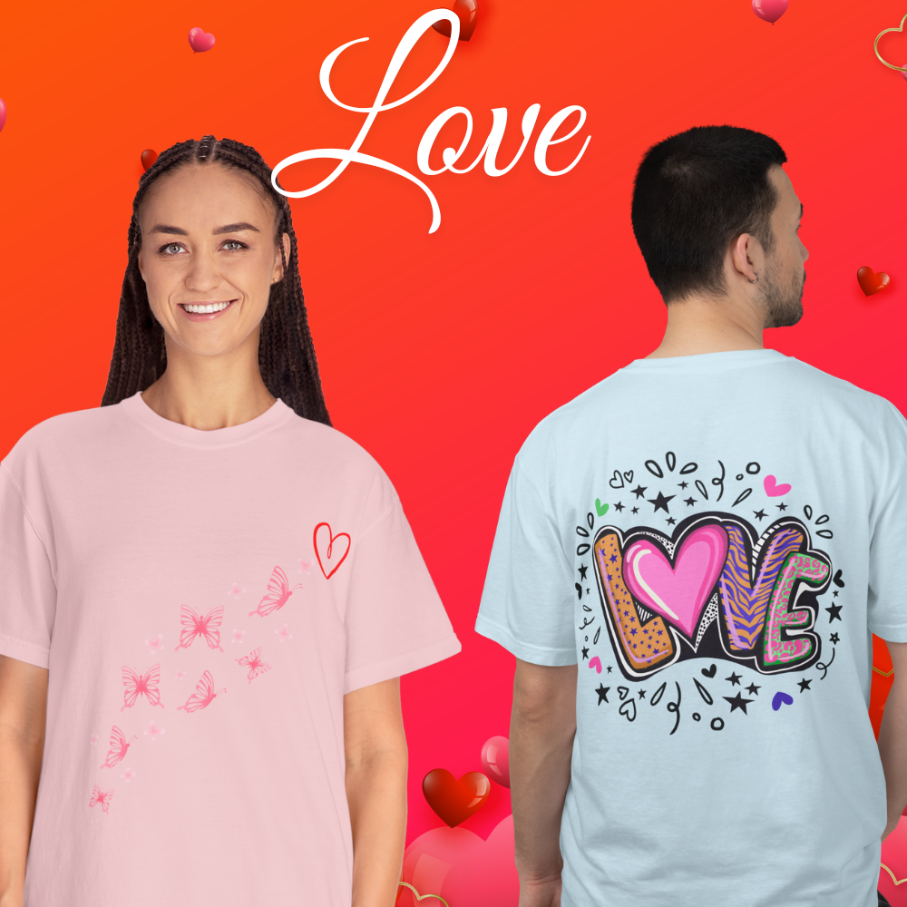 Two people wearing t-shirts with heart designs on a red background with 'Love' text.
Love Heart Butterfly T-Shirt
- “Love is simple. Love is everything.”
- “Butterflies, stars, and love eternal.”
- “Just love — no rules, no limits.”
- “Wear love. Share love. Be love.”
