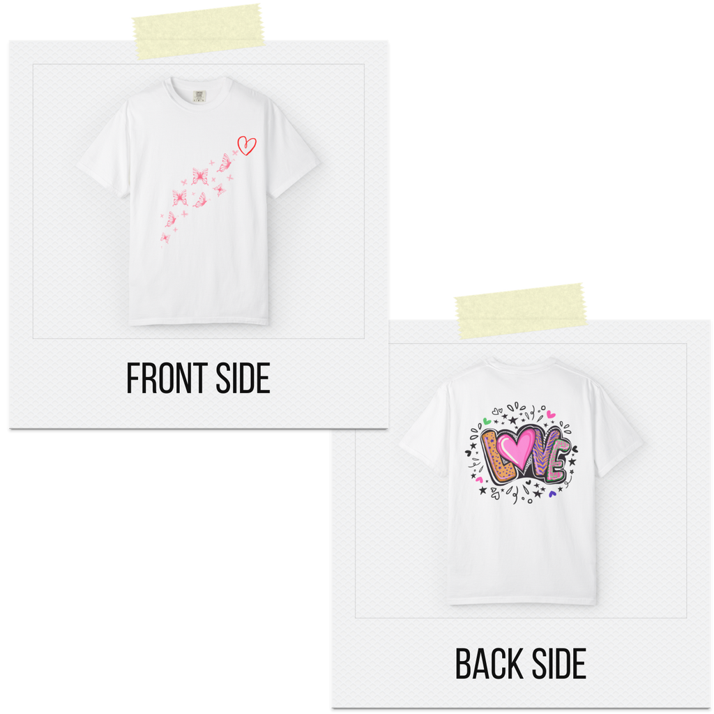 White t-shirt with colorful designs on front and back, labeled 'Front Side' and 'Back Side'.
Love Heart Butterfly T-Shirt
- “Love is simple. Love is everything.”
- “Butterflies, stars, and love eternal.”
- “Just love — no rules, no limits.”
- “Wear love. Share love. Be love.”