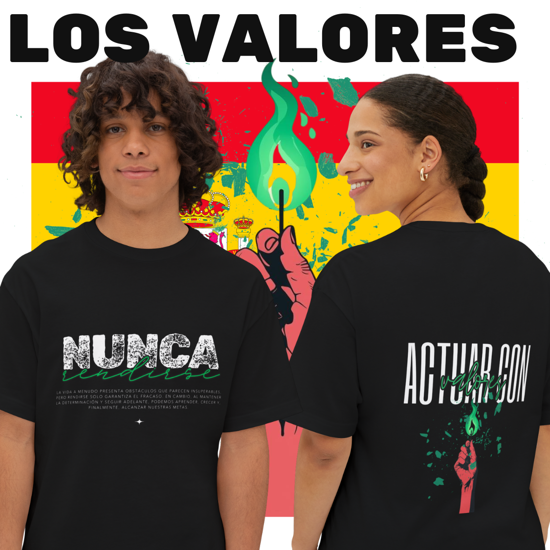 Two people wearing black t-shirts with 'NUNCA' and 'ACTUAR CON' text, with a colorful background.
Los Valores