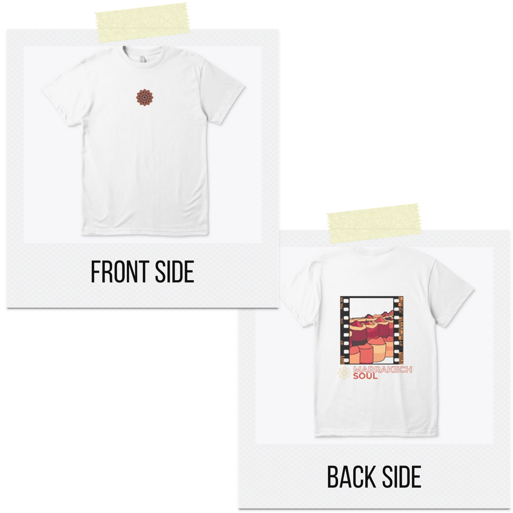 White t-shirt with front and back designs on a white background