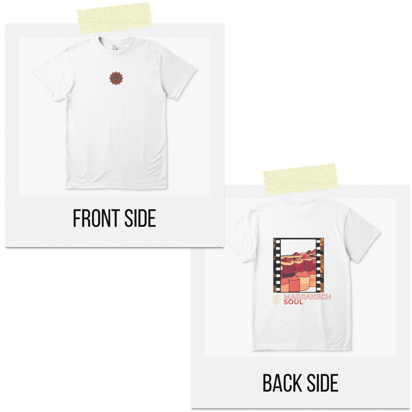 White t-shirt with front and back designs on a white background