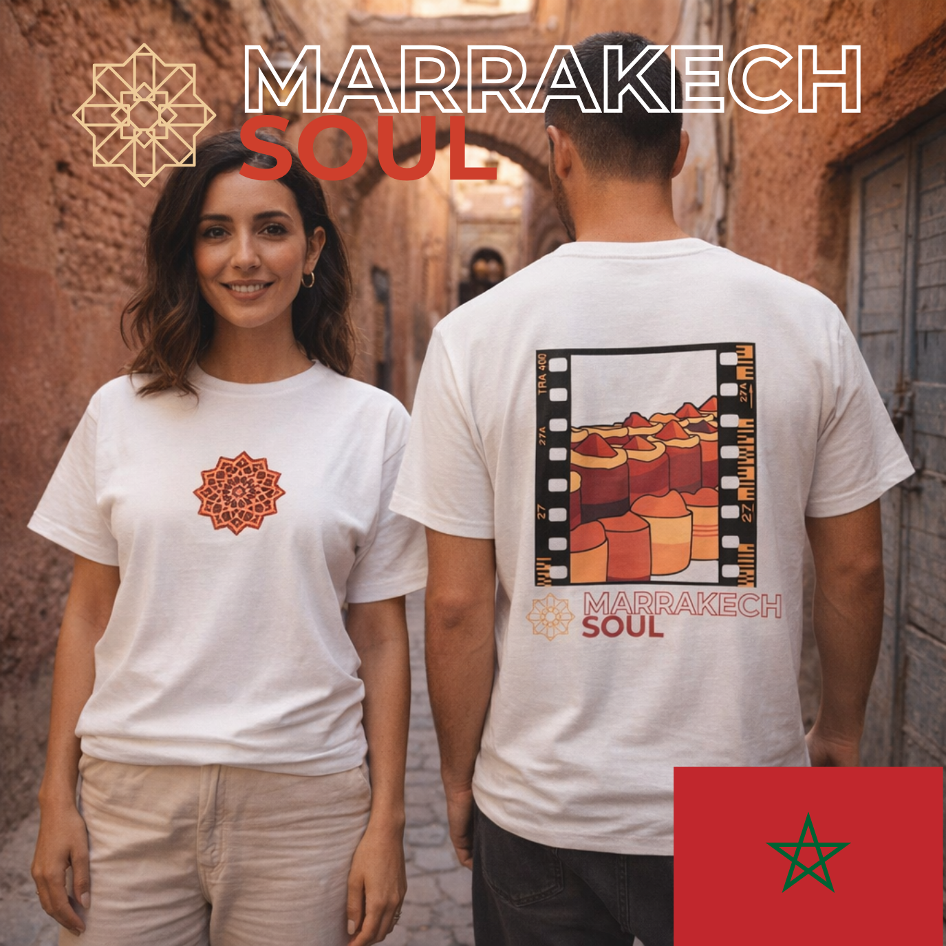 Two people wearing 'Marrakech Soul' t-shirts with a film strip design and Moroccan flag.