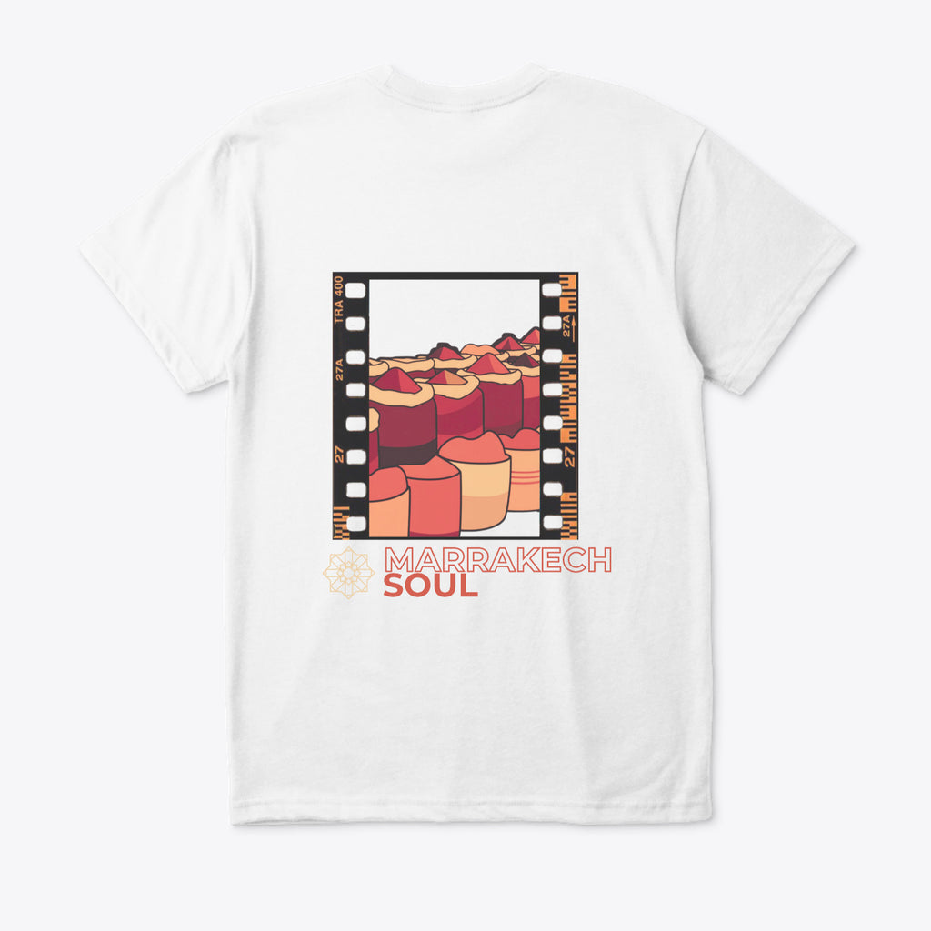 White t-shirt with a colorful graphic and 'Marrakech Soul' text on a white background
White t-shirt back Marrakech Soul spice illustration framed film strip, Marrakech Soul text orange red, geometric floral motif, ShowYourCulture collection, Moroccan heritage fashion, cultural streetwear, Marrakech-inspired apparel.
“The soul of Marrakech in style.”

“ShowYourCulture, show your roots.”

“Colors of the souk, colors of identity.”

“Spices, soul, and culture.”