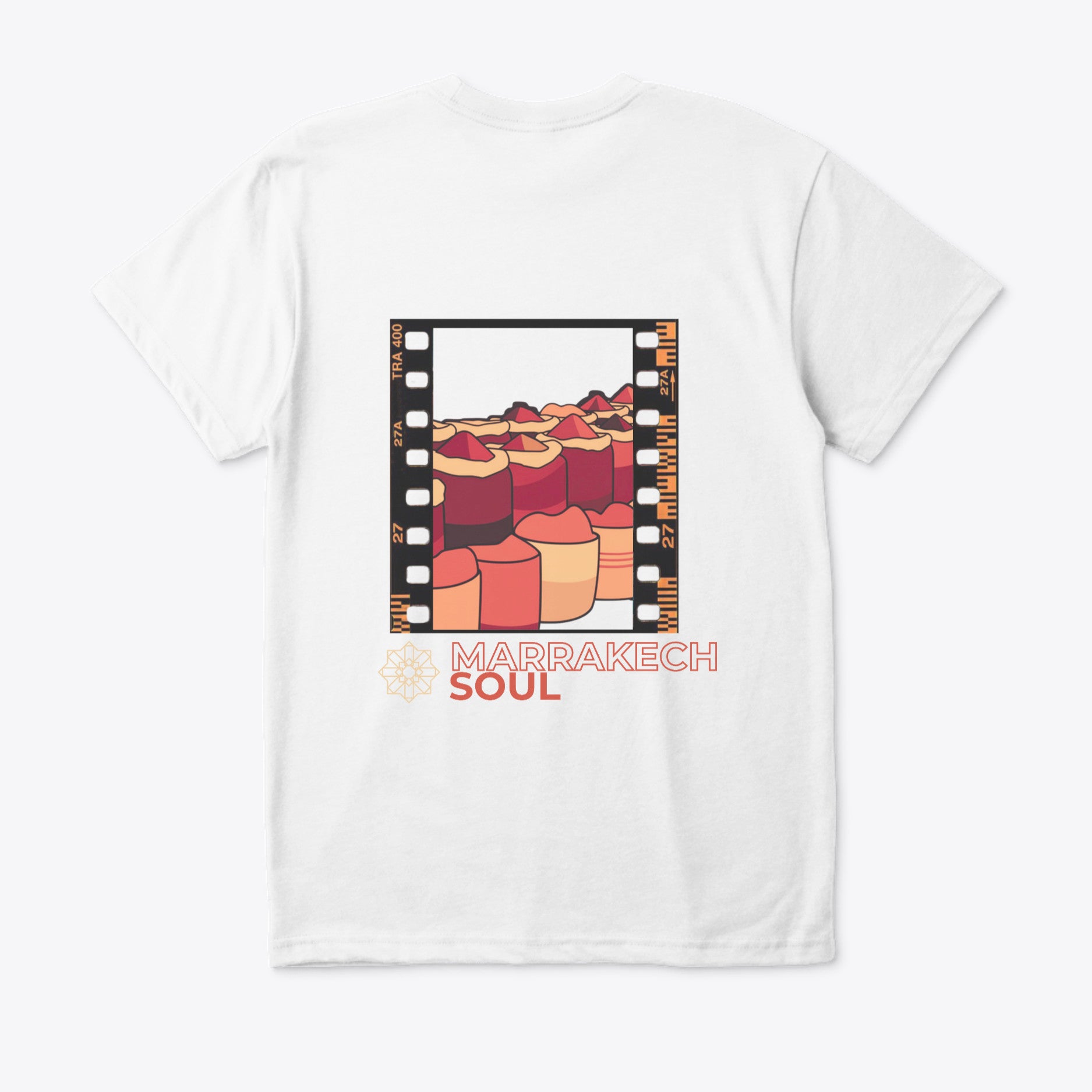 White t-shirt with a colorful graphic and 'Marrakech Soul' text on a white background
White t-shirt back Marrakech Soul spice illustration framed film strip, Marrakech Soul text orange red, geometric floral motif, ShowYourCulture collection, Moroccan heritage fashion, cultural streetwear, Marrakech-inspired apparel.
“The soul of Marrakech in style.”

“ShowYourCulture, show your roots.”

“Colors of the souk, colors of identity.”

“Spices, soul, and culture.”