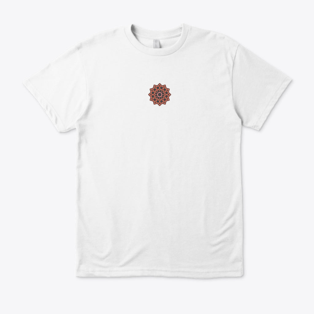 White t-shirt with a brown mandala design on a white background
White t-shirt back Marrakech Soul spice illustration framed film strip, Marrakech Soul text orange red, geometric floral motif, ShowYourCulture collection, Moroccan heritage fashion, cultural streetwear, Marrakech-inspired apparel.
“The soul of Marrakech in style.”

“ShowYourCulture, show your roots.”

“Colors of the souk, colors of identity.”

“Spices, soul, and culture.”