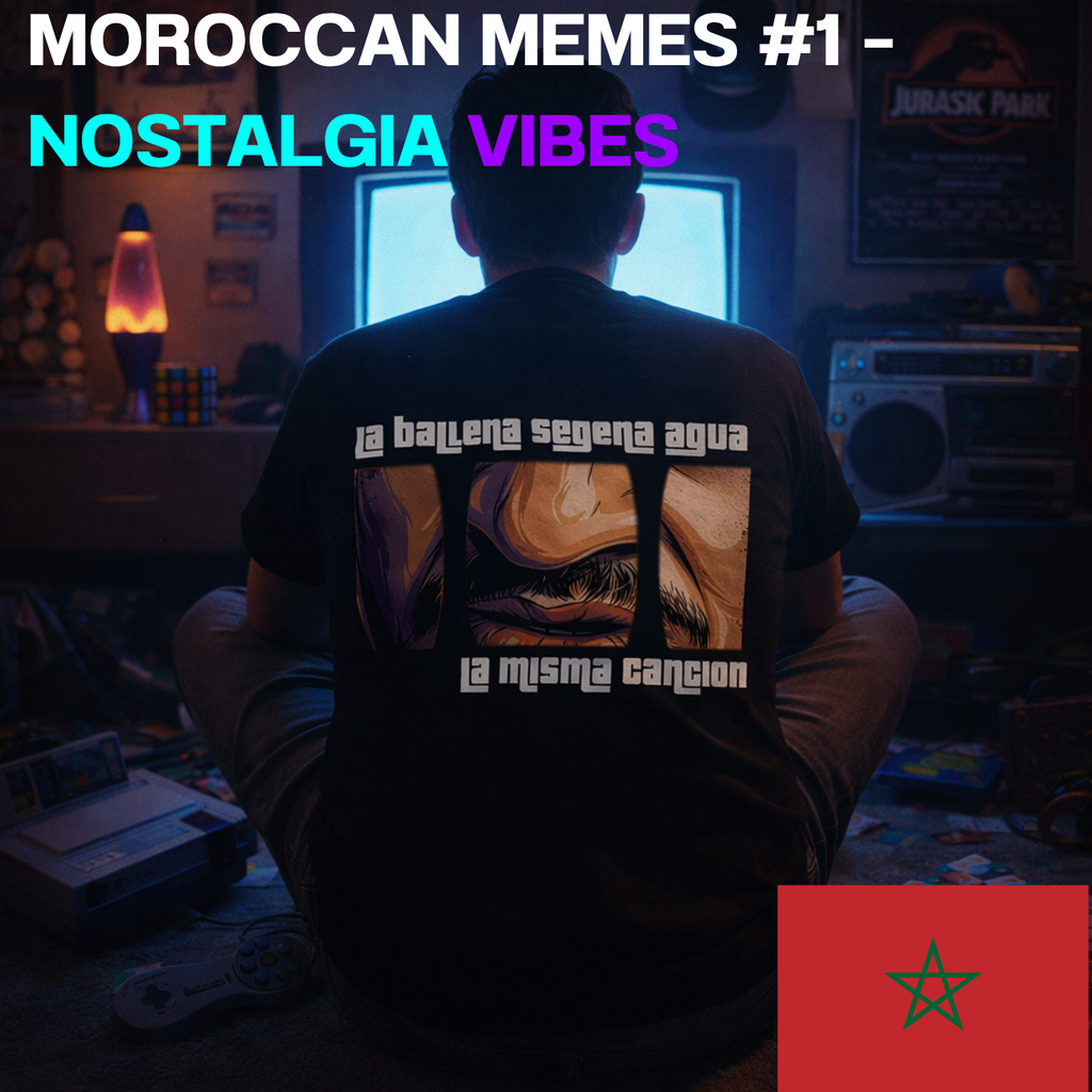 Person wearing a black t-shirt with a graphic design, sitting in front of two computer monitors in a room with a 'Jurassic Park' poster.
Black t-shirt with artistic design and text on a white background
Black t-shirt back Moroccan Memes #1 design, stylized eye portrait, Spanish nostalgic quote, ShowYourWisdom collection, Moroccan pop culture fashion, nostalgia streetwear, wisdom-inspired apparel.
 T-shirt Moroccan Memes #1 porté – nostalgie marocaine streetwear – ShowYourCause
