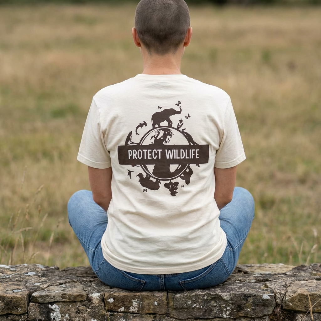 Person wearing a 'Protect Wildlife' t-shirt sitting on a stone wall in a field.
Protect Wildlife T-Shirt — Eco Animal Conservation Graphic Tee
• 	“One planet. Many lives. Protect them.”
• 	“Wildlife is heritage. Guard it.”
• 	“Nature’s voice speaks through us.”
• 	“Protecting wildlife is protecting ourselves.”