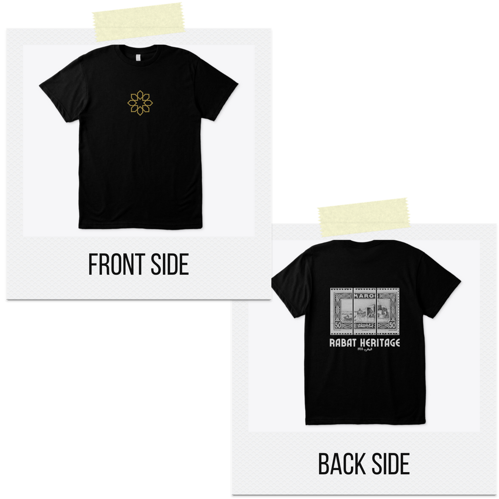 Black t-shirt with a logo on the front and text on the back, displayed on a white background.
Black t-shirt back Rabat Heritage vintage stamps design, Maroc inscription, 1933 المغرب text, ShowYourCulture collection, Moroccan heritage fashion, nostalgic streetwear, Rabat-inspired apparel.
“Rabat, roots in style.”

“ShowYourCulture, show your heritage.”

“Vintage pride, modern vibes.”

“History woven in fashion.”
