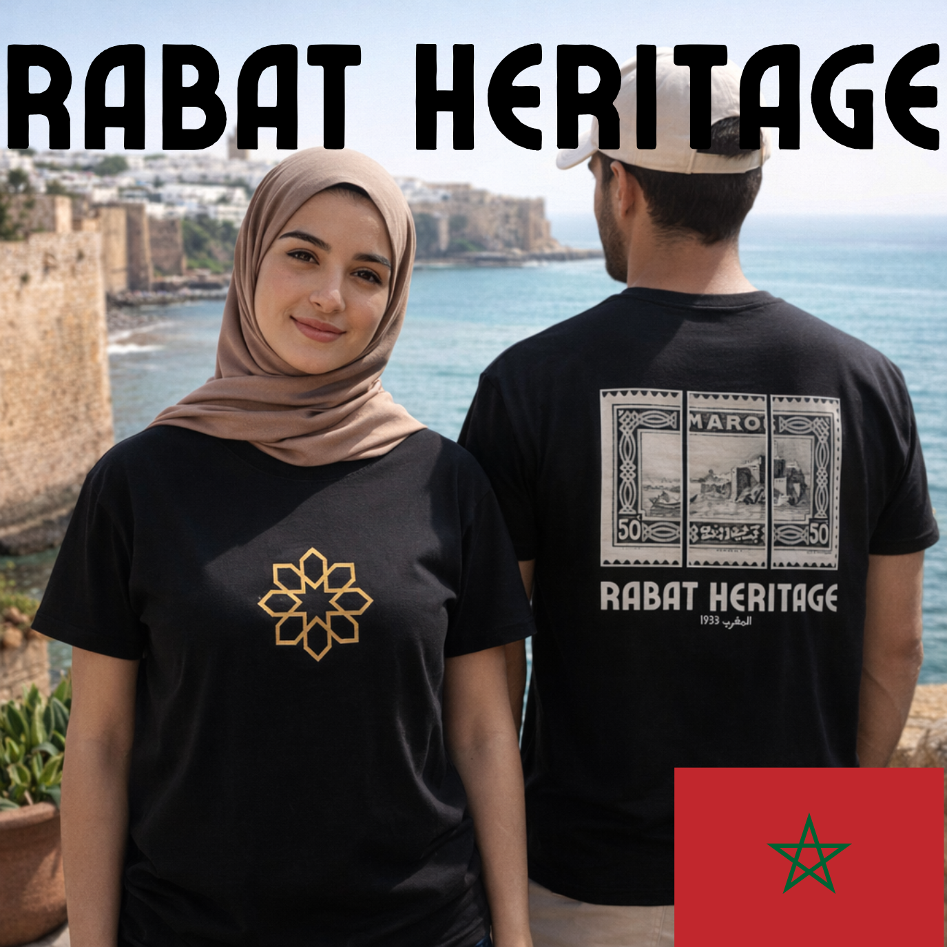 Two people wearing black t-shirts with 'Rabat Heritage' design in front of a scenic location.
Black t-shirt back Rabat Heritage vintage stamps design, Maroc inscription, 1933 المغرب text, ShowYourCulture collection, Moroccan heritage fashion, nostalgic streetwear, Rabat-inspired apparel.
“Rabat, roots in style.”

“ShowYourCulture, show your heritage.”

“Vintage pride, modern vibes.”

“History woven in fashion.”