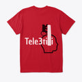 Red t-shirt with a graphic design and text on the back against a white background.
Red t-shirt back design, black head outline, monkey climbing with white bar, Tele3tili text white, ShowYourVibes collection, Moroccan streetwear, sarcastic humor design, bold urban fashion.
• 	“Tele3tili l9arda lrass.”
• 	“Sarcasm b style streetwear.”
• 	“ShowYourVibes, show your mood.”
• 	“Design li kaywassel annoyance b fun way.”