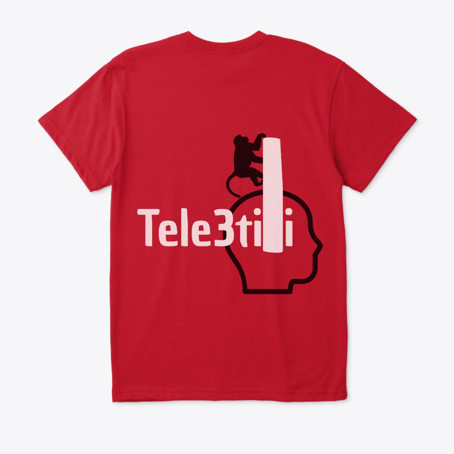 Red t-shirt with a graphic design and text on the back against a white background.
Red t-shirt back design, black head outline, monkey climbing with white bar, Tele3tili text white, ShowYourVibes collection, Moroccan streetwear, sarcastic humor design, bold urban fashion.
• 	“Tele3tili l9arda lrass.”
• 	“Sarcasm b style streetwear.”
• 	“ShowYourVibes, show your mood.”
• 	“Design li kaywassel annoyance b fun way.”
