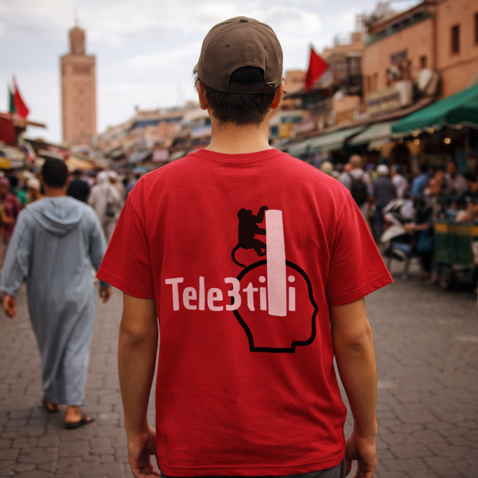 Person wearing a red t-shirt with 'Tele3tilli' logo in an outdoor market setting.
Red t-shirt back design, black head outline, monkey climbing with white bar, Tele3tili text white, ShowYourVibes collection, Moroccan streetwear, sarcastic humor design, bold urban fashion.
• 	“Tele3tili l9arda lrass.”
• 	“Sarcasm b style streetwear.”
• 	“ShowYourVibes, show your mood.”
• 	“Design li kaywassel annoyance b fun way.”