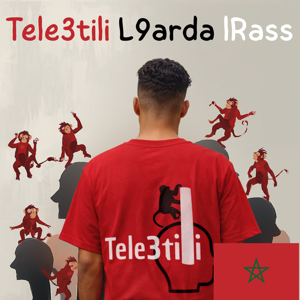 Person wearing a red shirt with 'Tele3tili' logo, standing in front of a wall with monkey illustrations and text.