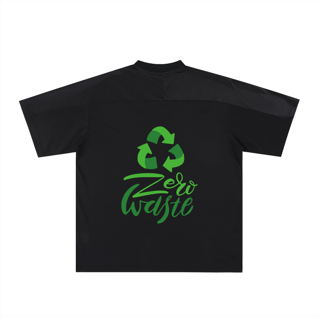 Black t-shirt with green 'Zero Waste' logo on a white background.
Oversized Mesh V-Neck Soccer Jersey.
Eco-friendly t-shirts, Zero Waste recycling symbol back, green leaves Iconic text front, sustainable fashion design, ShowYourNature collection, environmental awareness apparel, nature-inspired streetwear, eco-conscious lifestyle clothing.
- “Nature is iconic.”
- “Zero waste, infinite future.”
- “Wear your values.”
- “ShowYourNature, show your care.”