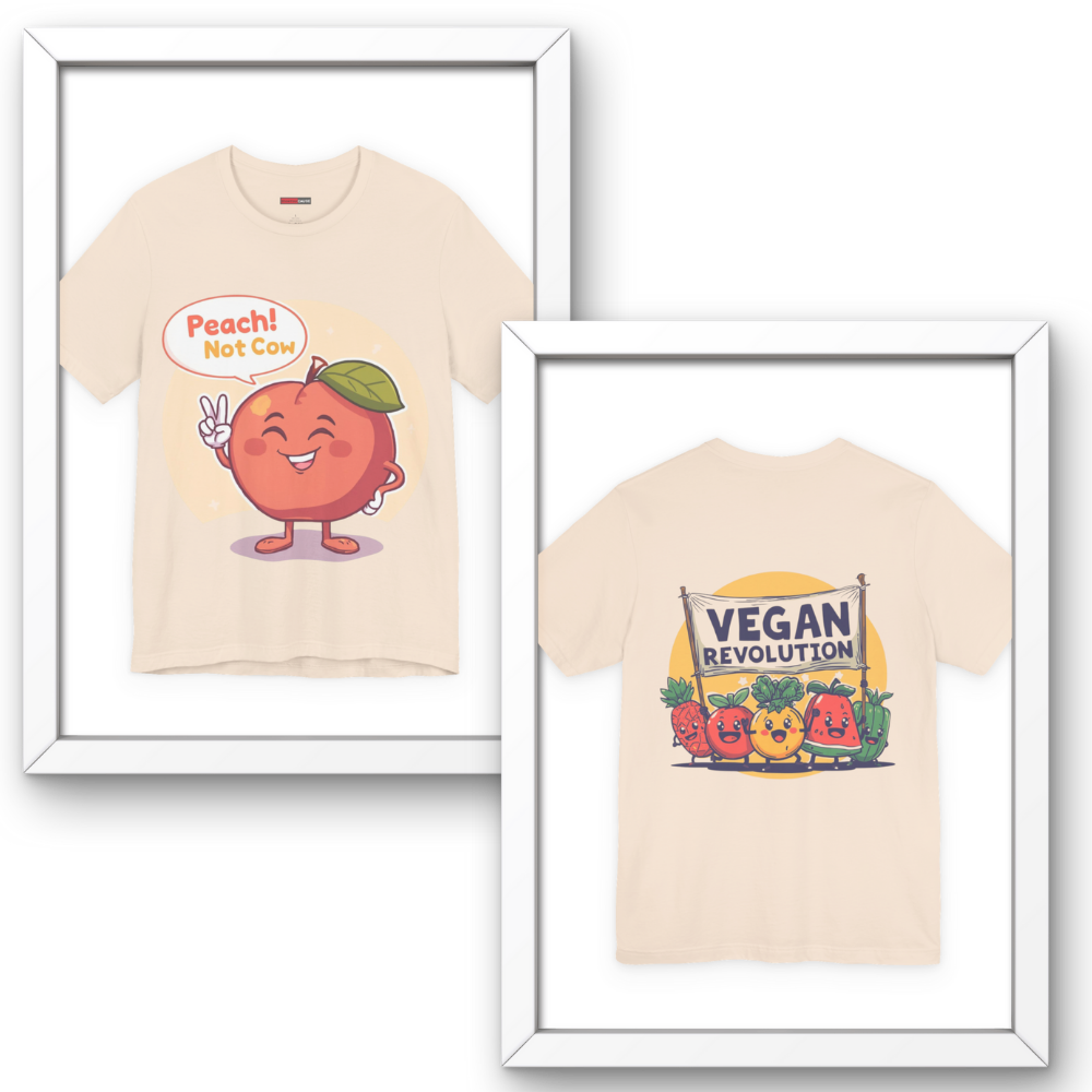 Two framed t-shirts with cartoon designs on a white background