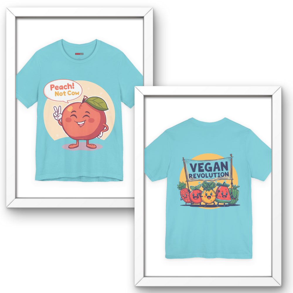 Two framed t-shirts with a peach character and 'Vegan Revolution' design on a white background.