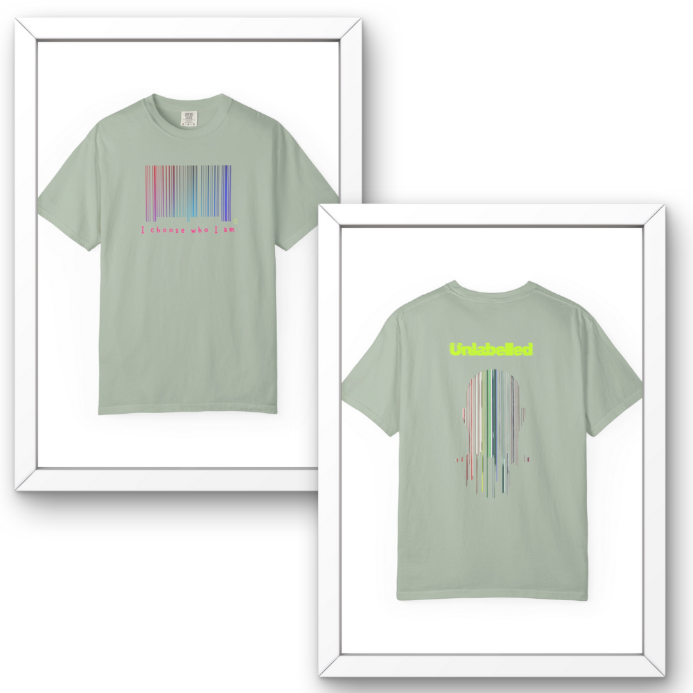 Light green t-shirt with front and back designs on a white background