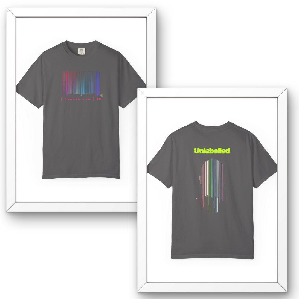 Gray t-shirt with colorful design on front and 'Unlabelled' text on back, displayed in white frames.