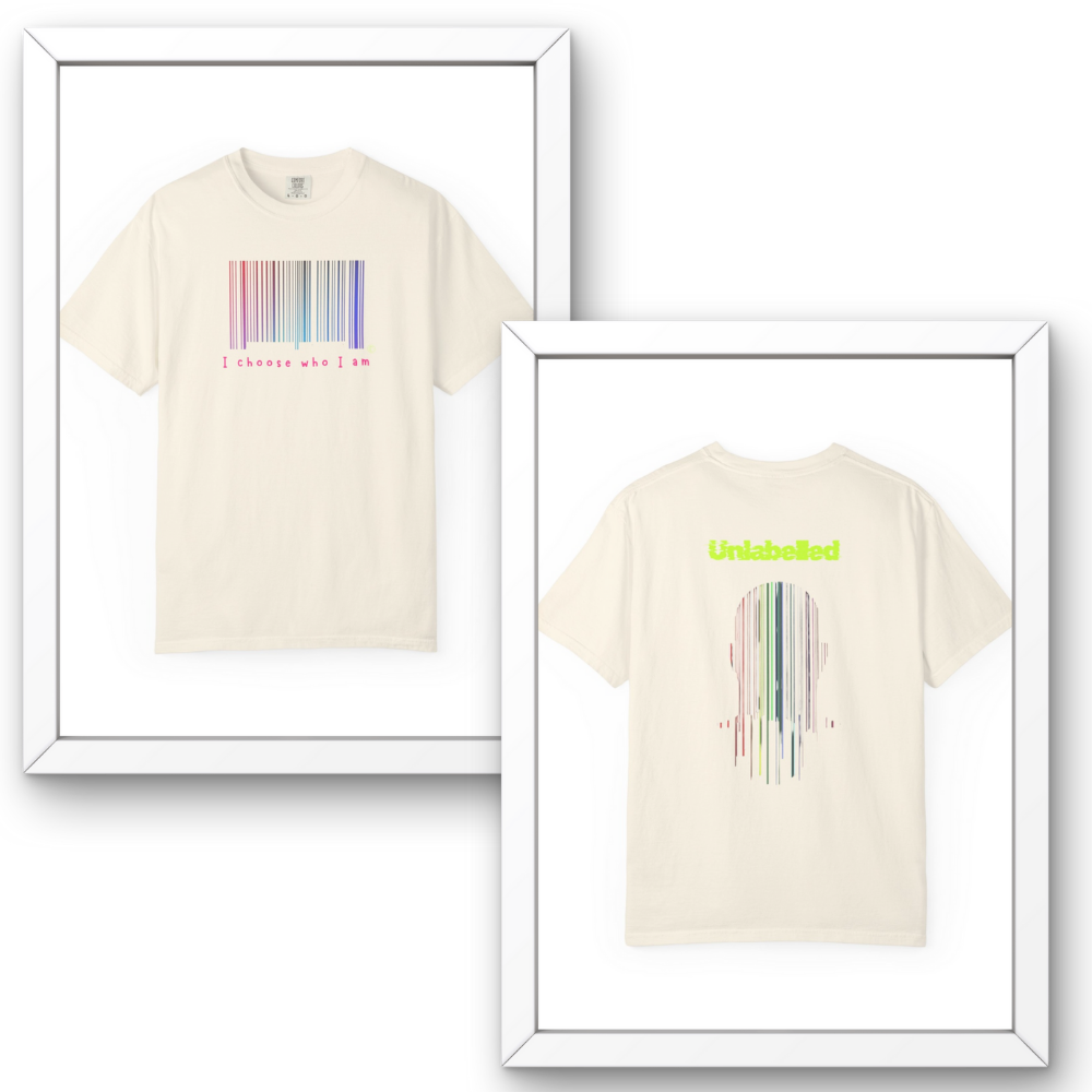 Two framed images of a beige t-shirt with a barcode design and text.