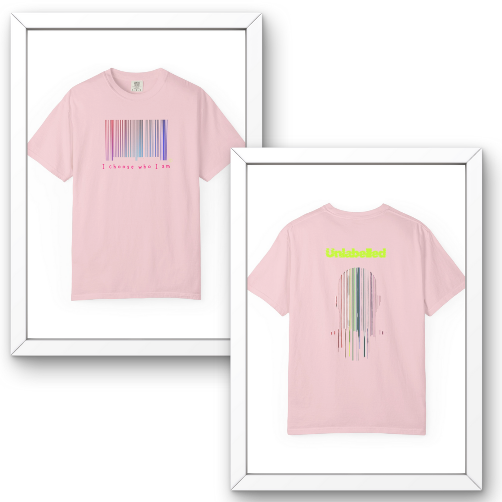 Pink t-shirt with barcode design on front and text on back, framed against a white background.