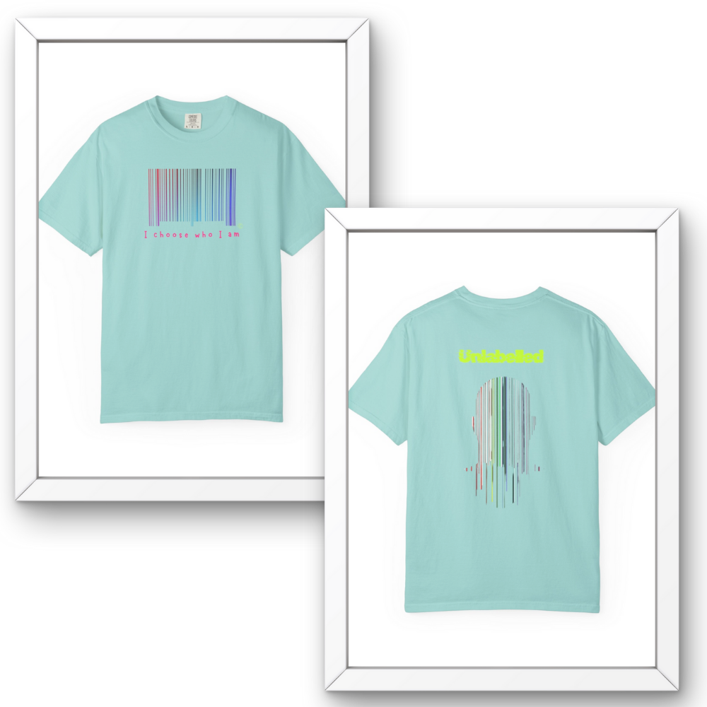 Light blue t-shirt with barcode design on front and back, framed against a white background.
