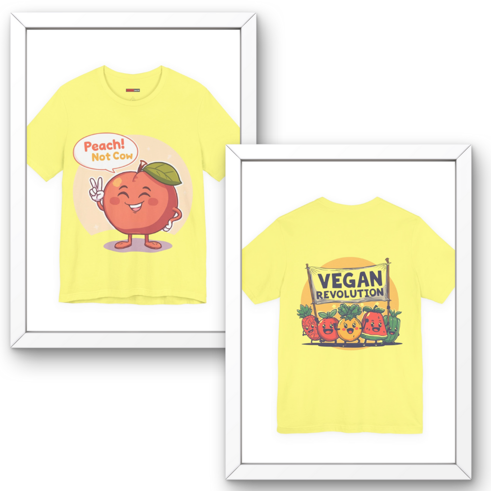 Two yellow t-shirts with cartoon designs on a white background